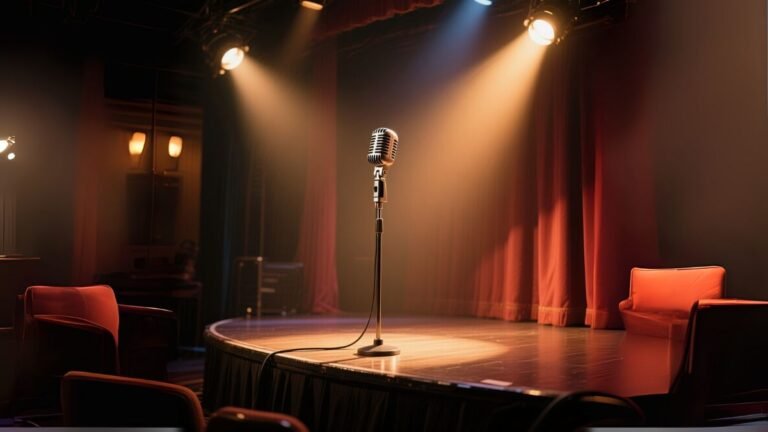 Vintage microphone on a dimly lit comedy club stage under a warm spotlight.